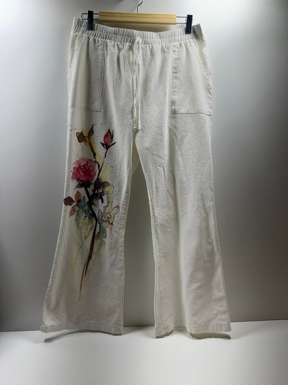 Women’s Linen Blend Casual Plants White Floral Print Wide Leg Beach Resort Sz L
